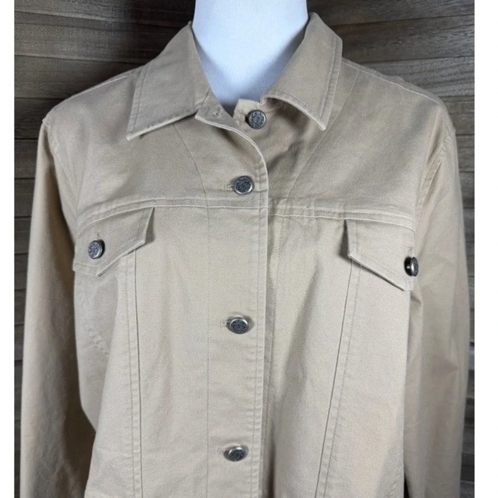 Foxcroft Stretch Tan Khaki Floral‎ Embroidered Button Front Jacket Womens XL